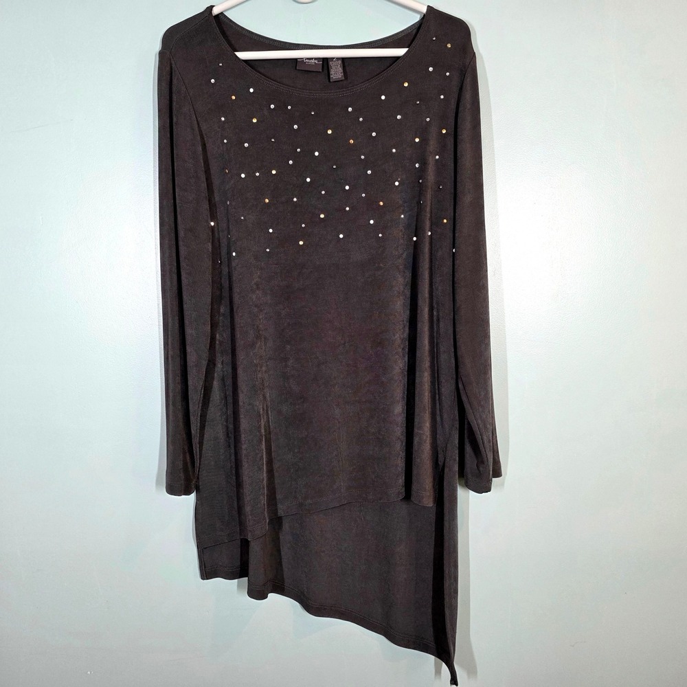 Travelers by Chicos Gray Embellished High Low Tunic Top Size 2 L Rhinestone Long